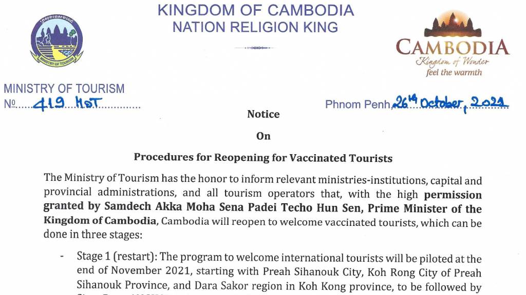 Procedures for Reopening for "Vaccinated" Tourism - Cambodia