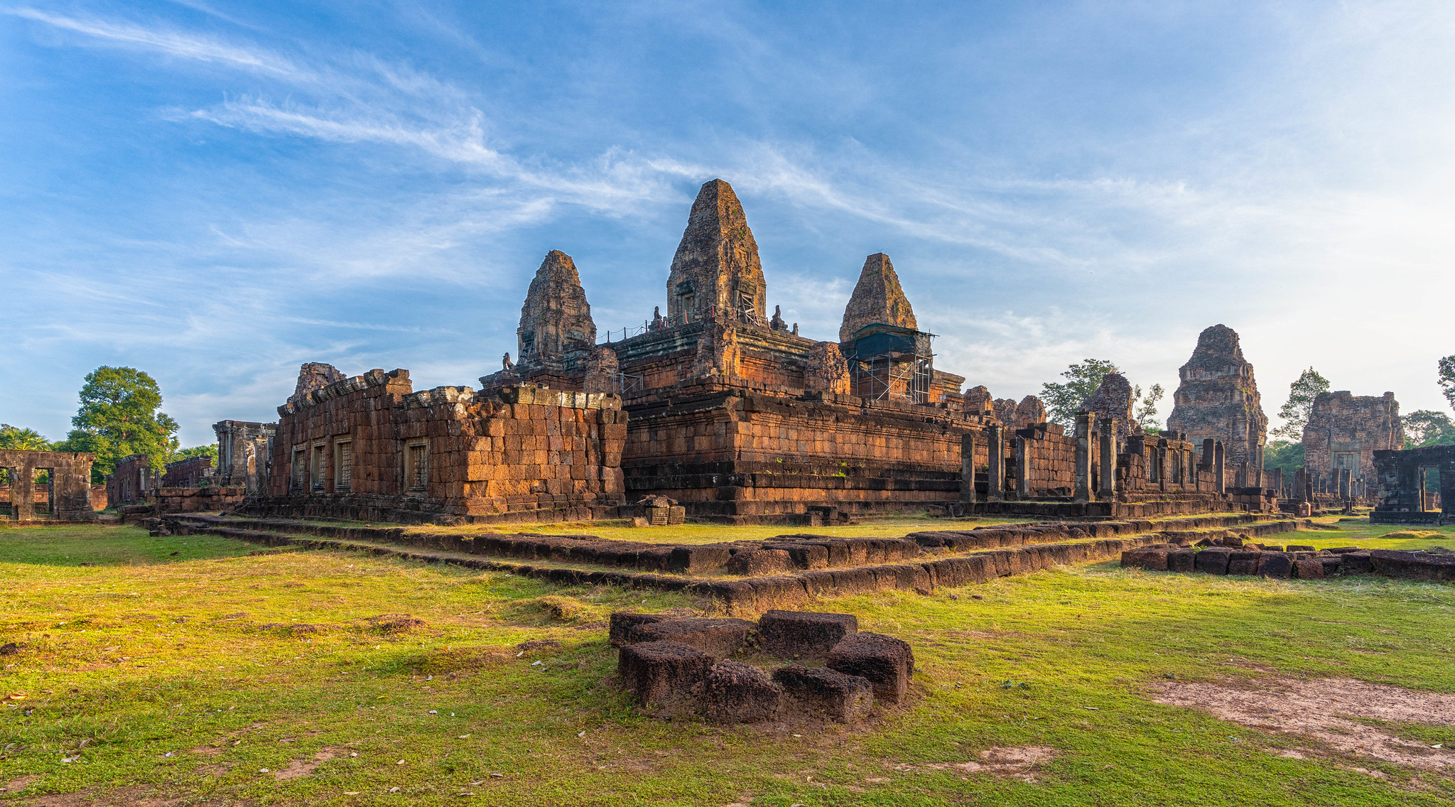 A panoramic shot of Pre Rup Angkor's surrounding lush greenery and landscape